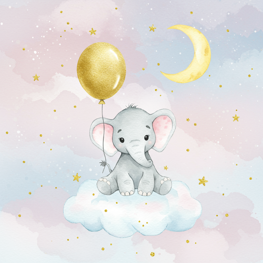A whimsical watercolor of a baby elephant on a cloud